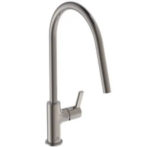 Küchenarmatur von Ideal Standard mit gebogenem Auslauf und seitlichem Hebel zur Wasserregulierung in einem minimalistischen Design.